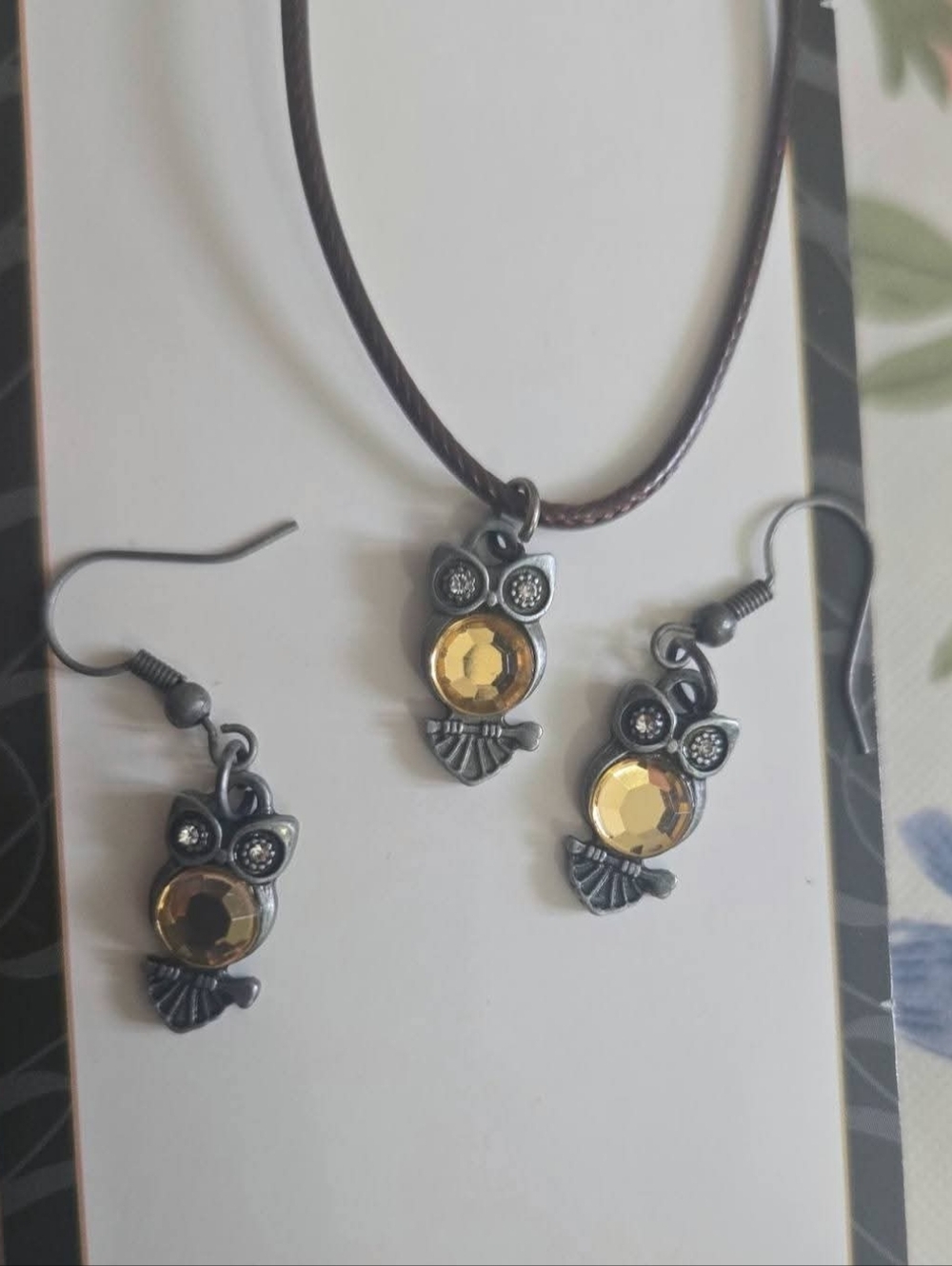 Owl Pendant Necklace & Earring Set in Amber/yellow